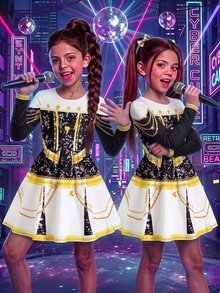 SHEIN 少女亮片印花圓領長袖表演洋裝 - 黑與白 - 查看 3