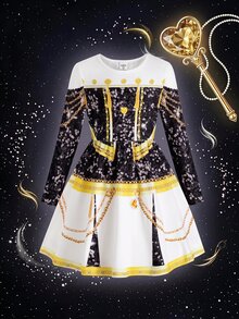SHEIN 少女亮片印花圓領長袖表演洋裝 - 黑與白 - 查看 6