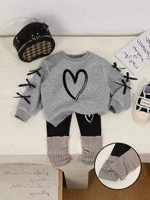 SHEIN Young Girls Casual Chic Heart Pattern Long Sleeve Crew Neck Sweatshirt With 3D Bow Sleeve And Leggings, Cute Wear For Autumn/Winter 7th Birthday - Multicolor - View 4
