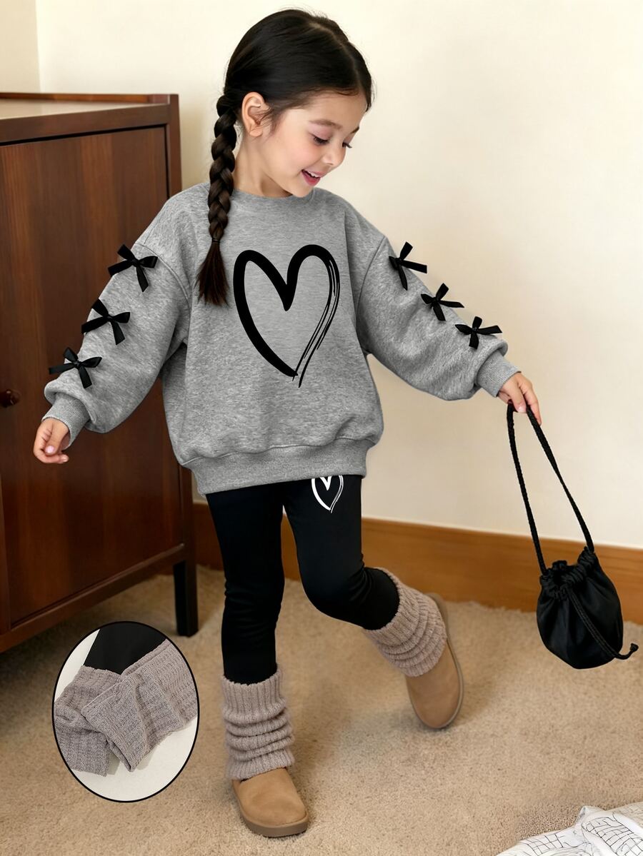 SHEIN Young Girls Casual Chic Heart Pattern Long Sleeve Crew Neck Sweatshirt With 3D Bow Sleeve And Leggings, Cute Wear For Autumn/Winter 7th Birthday