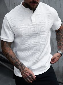 Manfinity Homme Men's White Short Sleeve Polo Shirt,Summer Casual Vacation Retro Stand Collar Fitted Tee With Geometric Pattern Button Placket,Old Money Vintage Top, Formal - White - View 2