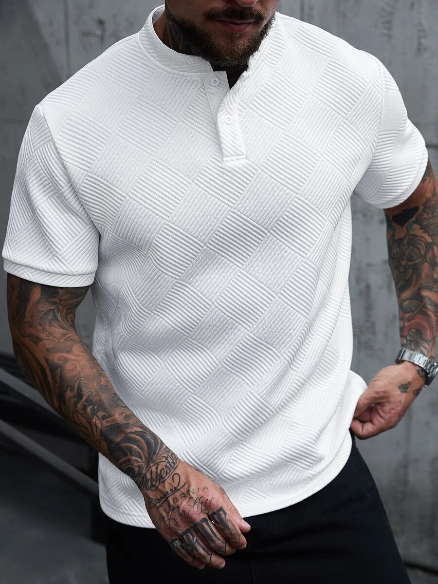 Manfinity Homme Men's White Short Sleeve Polo Shirt,Summer Casual Vacation Retro Stand Collar Fitted Tee With Geometric Pattern Button Placket,Old Money Vintage Top, Formal