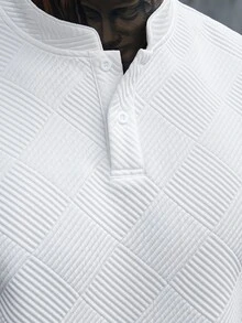 Manfinity Homme Men's White Short Sleeve Polo Shirt,Summer Casual Vacation Retro Stand Collar Fitted Tee With Geometric Pattern Button Placket,Old Money Vintage Top, Formal - White - View 8