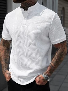 Manfinity Homme Men's White Short Sleeve Polo Shirt,Summer Casual Vacation Retro Stand Collar Fitted Tee With Geometric Pattern Button Placket,Old Money Vintage Top, Formal - White - View 7