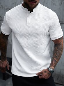 Manfinity Homme Men's White Short Sleeve Polo Shirt,Summer Casual Vacation Retro Stand Collar Fitted Tee With Geometric Pattern Button Placket,Old Money Vintage Top, Formal - White - View 4