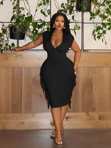 Veslaya Plus Size Black,Autumn,Elegant,Concert,Night Out Club Party Dress For Women,Slim Fit Deep V-Neck Fringed Short Sleeve Mid-Length Graduation Dress - Black - View 5