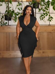 Veslaya Plus Size Black,Autumn,Elegant,Concert,Night Out Club Party Dress For Women,Slim Fit Deep V-Neck Fringed Short Sleeve Mid-Length Graduation Dress - Black - View 4