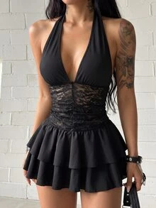EgrlEra Women's Autumn/Winter Black Knit Ribbed & Lace Woven Fabric Patchwork Deep V Halter Neck Backless Cinched Waist Double Layer Ruffle Hem Mini Dress, Party Hot Girl Vintage Casual Date Versatile - Black - View 3