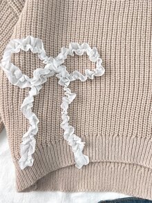 SHEIN 女童新款圓領U領寬鬆休閒可愛針織上衣，時尚蝴蝶結刺繡蕾絲飾邊長袖套頭衫，秋冬聚會校園穿搭，白色 - 卡其色 - 查看 5