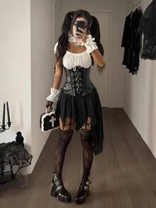 Coolane 女款秋冬彈性派對保暖優雅時尚前衛低腰不對稱手帕下擺層次鉚釘紋理黑色萬聖節迷你裙 - 黑色 - 查看 2