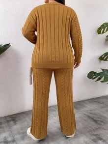 Linhara CURVE Bộ 2 món len dệt dày casual cho nữ size lớn mùa thu/đông, áo khoác cardigan len vặn thừng tay dài vai trễ dáng rộng cài nút và quần dài ống đứng thường ngày - Lạc đà - Xem 2