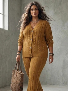 Linhara CURVE Bộ 2 món len dệt dày casual cho nữ size lớn mùa thu/đông, áo khoác cardigan len vặn thừng tay dài vai trễ dáng rộng cài nút và quần dài ống đứng thường ngày - Lạc đà - Xem 10