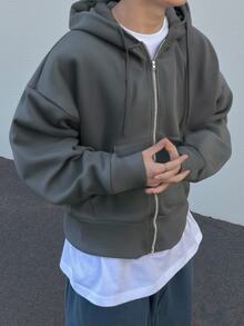 Manfinity Hypemode Men's Casual Sports Short Zip Up Hoodie Grey, Fall, Long Sleeve Top - Dark Grey - View 3