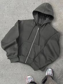 Manfinity Hypemode Men's Casual Sports Short Zip Up Hoodie Grey, Fall, Long Sleeve Top - Dark Grey - View 4