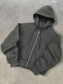 Manfinity Hypemode Men's Casual Sports Short Zip Up Hoodie Grey, Fall, Long Sleeve Top - Dark Grey - View 6