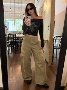 DAZY Women's Casual Loose Cargo Jeans, Versatile Girl Style, Denim Pants Fall - Khaki - View 2