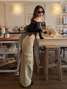 DAZY Women's Casual Loose Cargo Jeans, Versatile Girl Style, Denim Pants Fall - Khaki - View 1