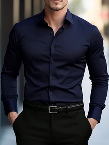 Manfinity Mode Men's Navy Blue Business Casual Long Sleeve Shirt,Solid Color Button Down Formal Shirt For Autumn Office,Commuting,Wedding&Parties, Ceremony - Navy Blue - View 1