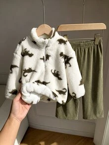 SHEIN 2件組男孩恐龍印花兒童刷毛衛衣與鬆緊腰燈芯絨秋季長褲，幼兒冬季米色休閒套裝 - 米色 - 查看 5