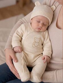 2pcs Newborn Long Sleeve Footed Romper, Knitted Soft Cute Bear Embroidery Pattern Loungewear, Home Wear Family Matching, Beige Autumn Gender Neutral - Apricot - View 2