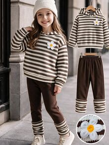 2pcs/Set Girls' College Style White Brown 3D Flower Long Sleeve Knit Hoodie Pants Set, Casual Western Daily Wear, Fall - Multicolor - View 1