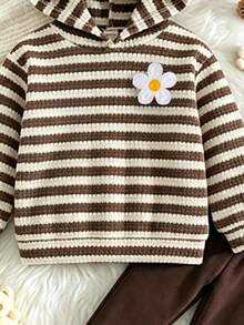 2pcs/Set Girls' College Style White Brown 3D Flower Long Sleeve Knit Hoodie Pants Set, Casual Western Daily Wear, Fall - Multicolor - View 5