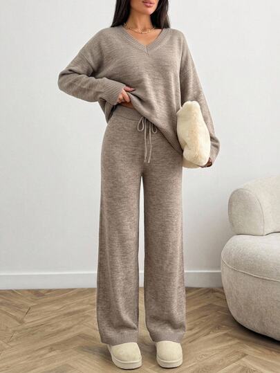 SHEIN Women's Elegant Casual Knit Two Pieces Set – Deep V-Neck Pullover Wide-Leg Pants Brunch Beige