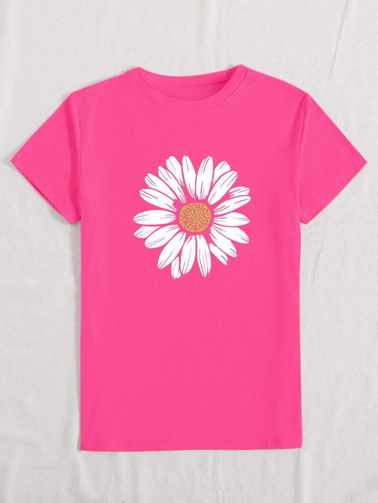 Selamara Kaos Motif Bunga Lengan Pendek Kasual Menawan Kemeja Motif Bunga Wanita Pullover Leher Bulat Lengan Pendek Kaos Grafis Atasan Wanita - Hot Pink - View 4