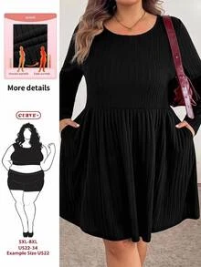 SHEIN CURVE+ Plus Size Women's Casual Versatile Solid Color Dress, All-Match Dress For Autumn/Winter, 5XL-8XL - Black - View 1