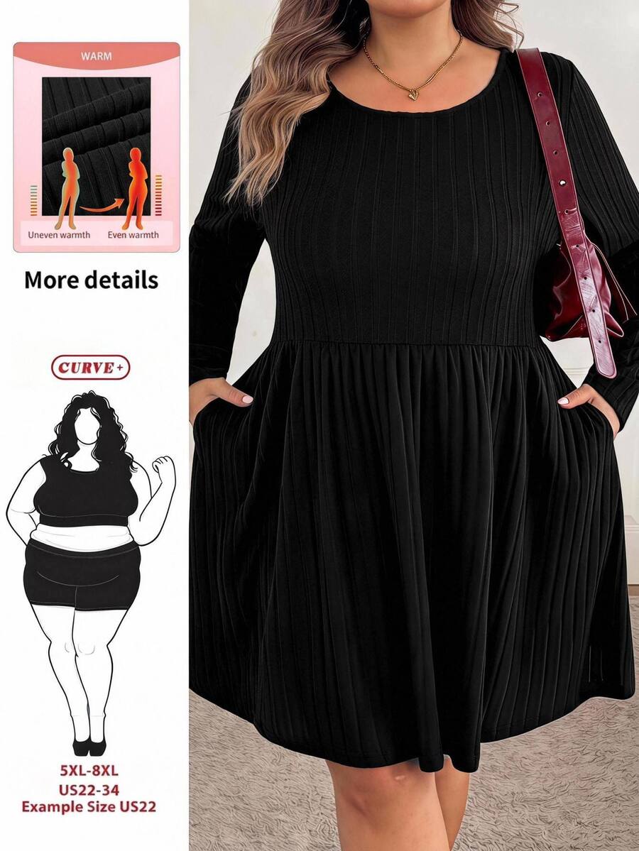 SHEIN CURVE+ Plus Size Women's Casual Versatile Solid Color Dress, All-Match Dress For Autumn/Winter, 5XL-8XL - Black - View 1