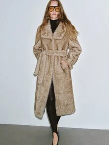 MOTF PREMIUM AUTUMN/WINTER URBAN CHIC MID-LENGTH FUR COAT WITH CUFF TIE STRAP DECOR - Apricot - View 4