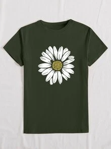 Selamara Floral Print T-Shirt Casual Charming Flower Graphic Round Neck Short Sleeve Tee For Women Graphic Tees Women Tops - Olive Green - View 5