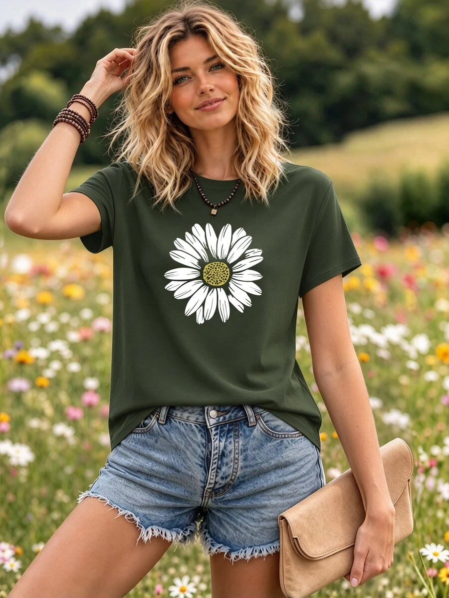 Selamara Floral Print T-Shirt Casual Charming Flower Graphic Round Neck Short Sleeve Tee For Women Graphic Tees Women Tops - Olive Green - View 1