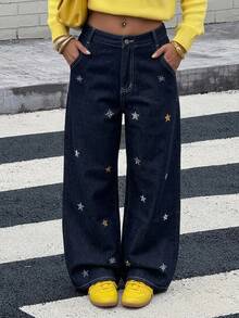 Livesso 高腰星星刺繡寬鬆寬腿街頭風 Y2K 90年代深藍色女款牛仔褲 秋季日常旅行穿搭 - 深色水洗藍 - 查看 4