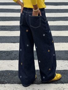 Livesso 高腰星星刺繡寬鬆寬腿街頭風 Y2K 90年代深藍色女款牛仔褲 秋季日常旅行穿搭 - 深色水洗藍 - 查看 2