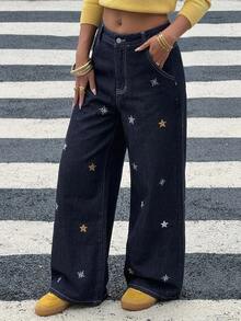 Livesso 高腰星星刺繡寬鬆寬腿街頭風 Y2K 90年代深藍色女款牛仔褲 秋季日常旅行穿搭 - 深色水洗藍 - 查看 6