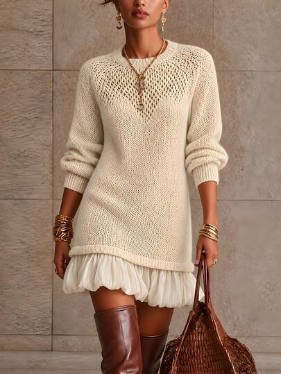 SHEIN Women's Autumn/Winter Solid Color Loose Knit Pullover Dress With Lace Patchwork, Casual Elegant Sweater Dress, French Vintage Knit Dress