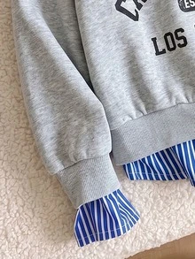 SHEIN Tween Girl Autumn Winter Fleece Sweatshirt 2 In 1 2 In 1 Striped Shirt Collar Long Sleeve Pullover Letter Print Gray Preppy Casual Tops - Light Grey - View 4