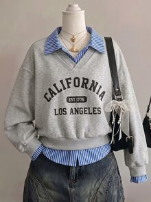 SHEIN Tween Girl Autumn Winter Fleece Sweatshirt 2 In 1 2 In 1 Striped Shirt Collar Long Sleeve Pullover Letter Print Gray Preppy Casual Tops - Light Grey - View 1