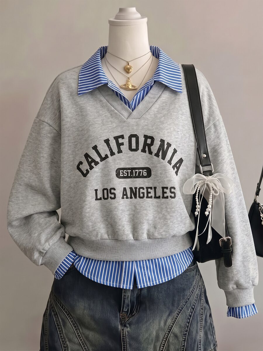 SHEIN Tween Girl Autumn Winter Fleece Sweatshirt 2 In 1 2 In 1 Striped Shirt Collar Long Sleeve Pullover Letter Print Gray Preppy Casual Tops - Light Grey - View 1