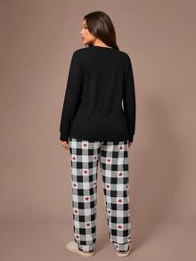 Plus Letter Graphic Tee & Heart & Plaid Print Pants PJ Set / Pajama Set  Cozy And Elegant Details, Fall Winter Clothes Outfit - Black and White - View 2