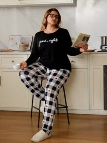 Plus Letter Graphic Tee & Heart & Plaid Print Pants PJ Set / Pajama Set  Cozy And Elegant Details, Fall Winter Clothes Outfit - Black and White - View 5