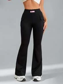 SHEIN PETITE Women High Waist Solid Color Stretchy Black Flared Pants ,Petite Women - Black - View 1