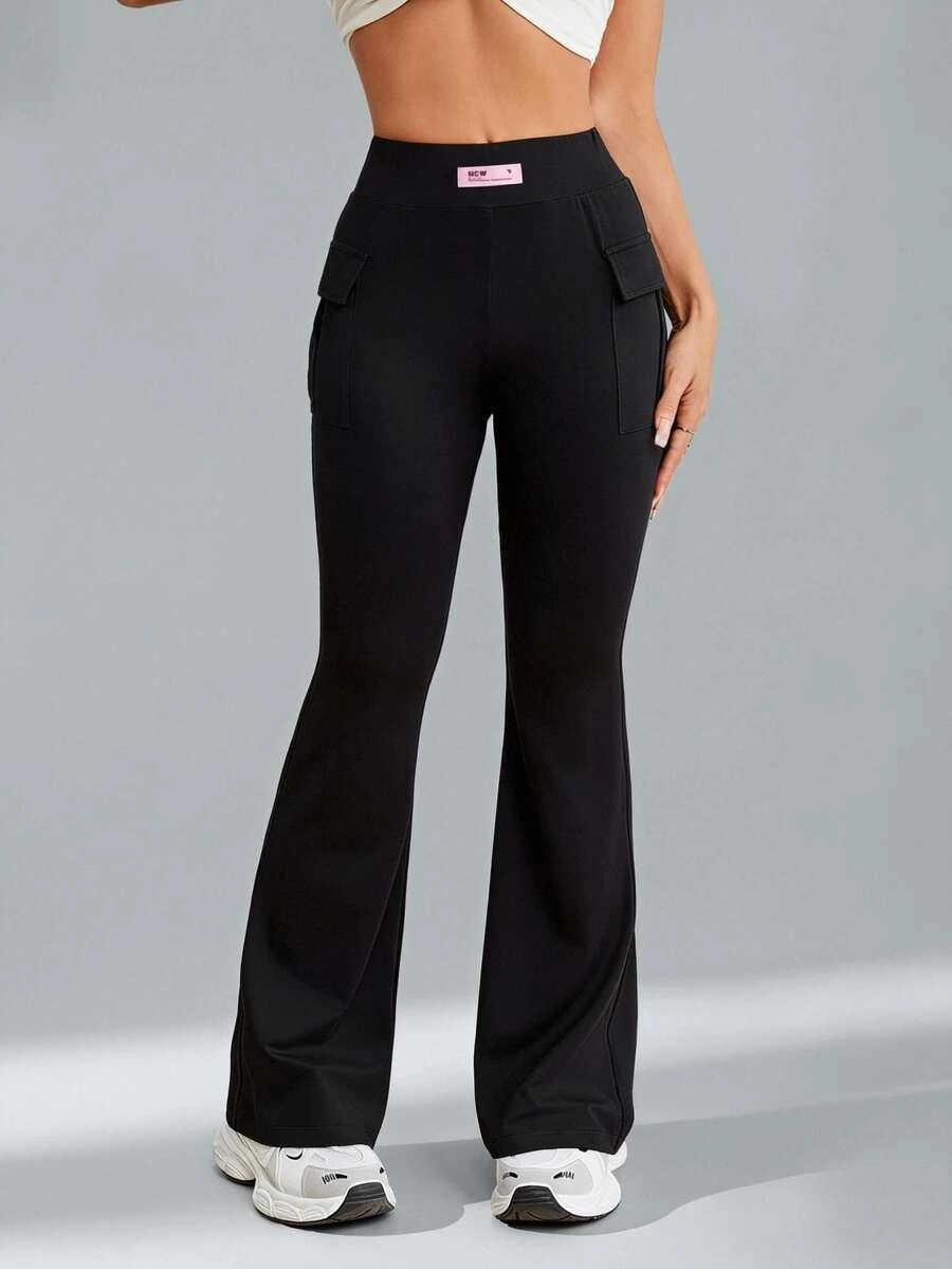 SHEIN PETITE Women High Waist Solid Color Stretchy Black Flared Pants ,Petite Women - Black - View 1