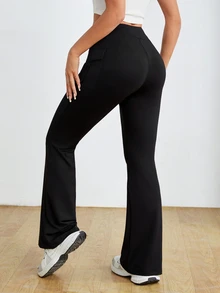 SHEIN PETITE Women High Waist Solid Color Stretchy Black Flared Pants ,Petite Women - Black - View 2