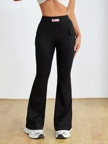 SHEIN PETITE Women High Waist Solid Color Stretchy Black Flared Pants ,Petite Women - Black - View 5