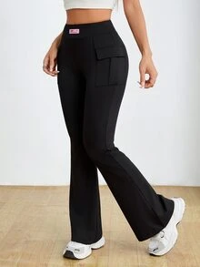 SHEIN PETITE Women High Waist Solid Color Stretchy Black Flared Pants ,Petite Women - Black - View 7