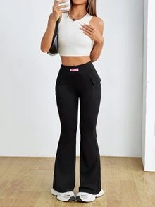 SHEIN PETITE Women High Waist Solid Color Stretchy Black Flared Pants ,Petite Women - Black - View 4