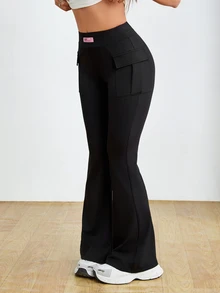 SHEIN PETITE Women High Waist Solid Color Stretchy Black Flared Pants ,Petite Women - Black - View 3
