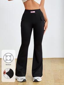 SHEIN PETITE Women High Waist Solid Color Stretchy Black Flared Pants ,Petite Women - Black - View 8